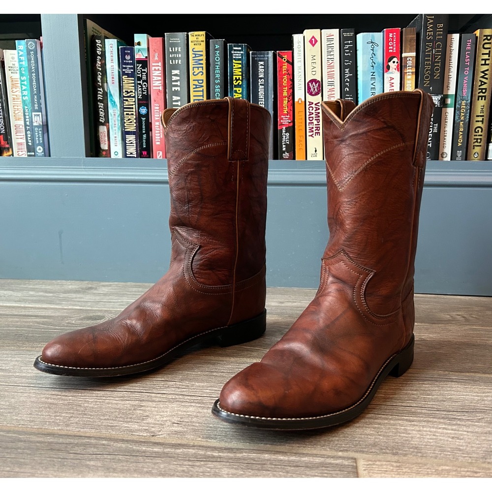 Justin 1879 Style Roper Boots Mens 7 B Cognac Brown Leather Round Toe 3163 USA